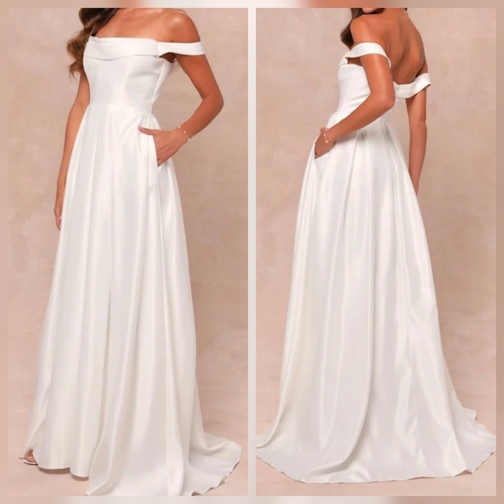 Lulus Extraordinary Vow White Off-the-Shoulder Maxi Dress Wedding Gown w Pockets